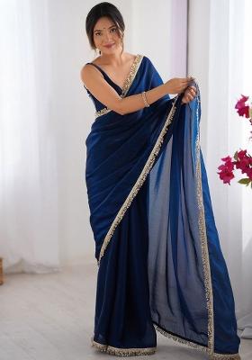 Navy Blue Zari Work Silk Saree Set