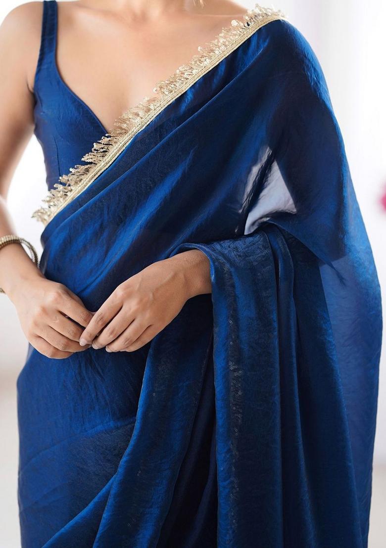 Navy Blue Zari Work Silk Saree Set - Indya