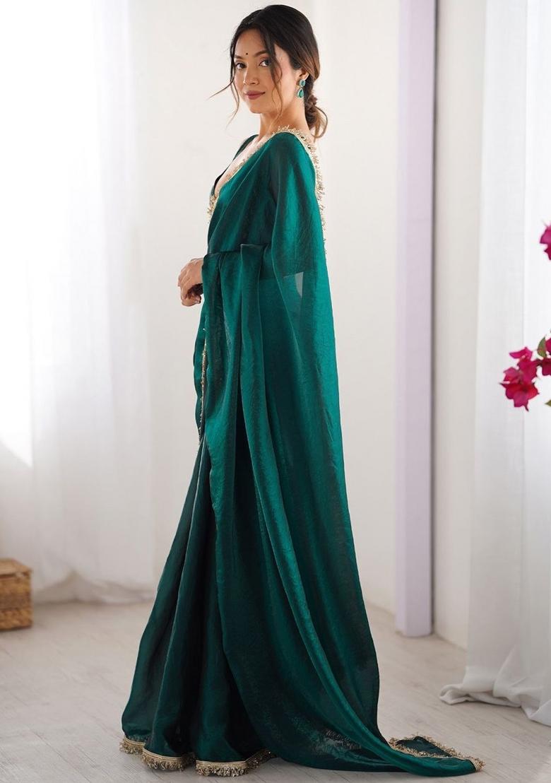 Rama Green Zari Work Silk Saree Set - Indya