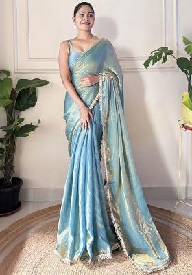 Teal Zari Work Silk Saree Set