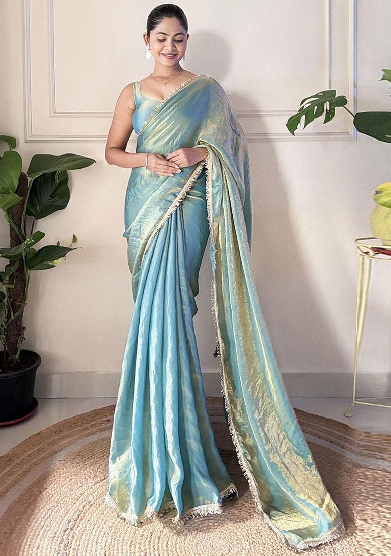 Teal Zari Work Silk Saree Set - Indya