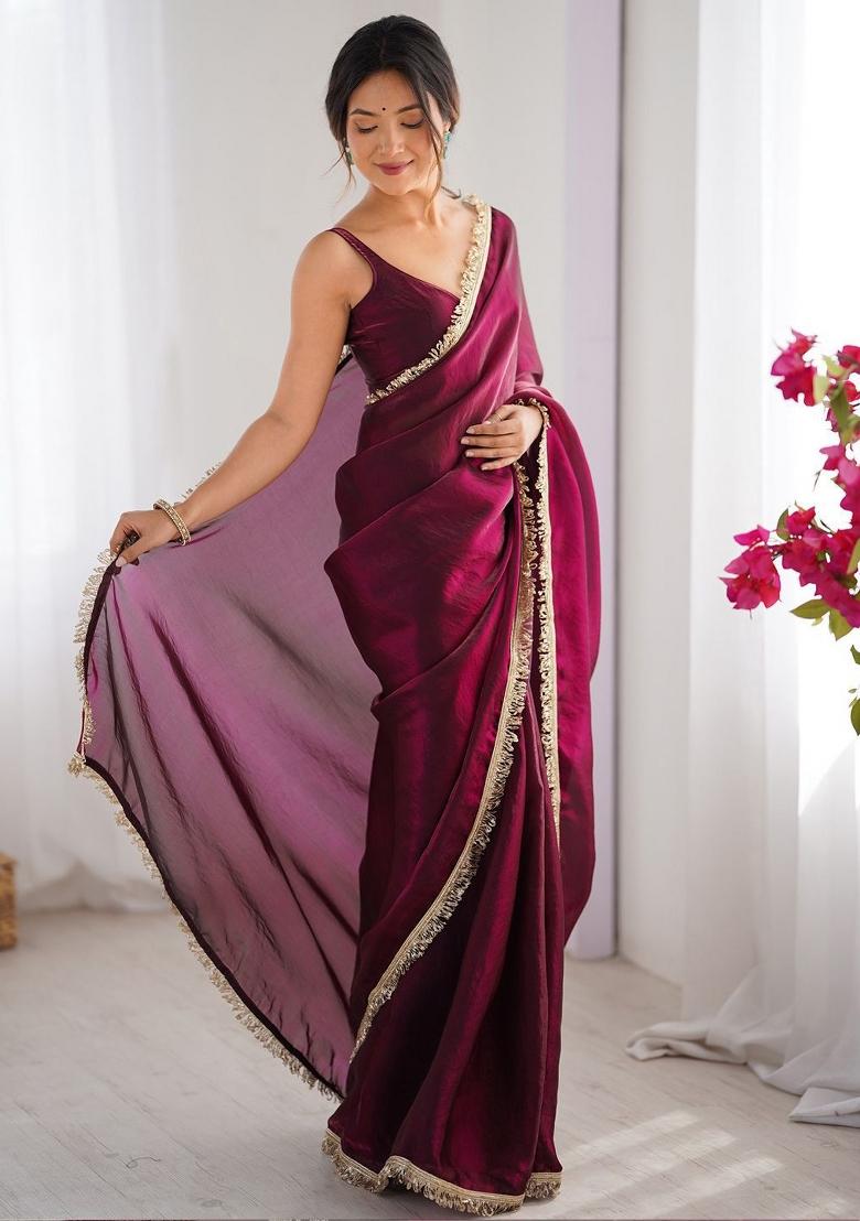 Wine Zari Work Silk Saree Set - Indya