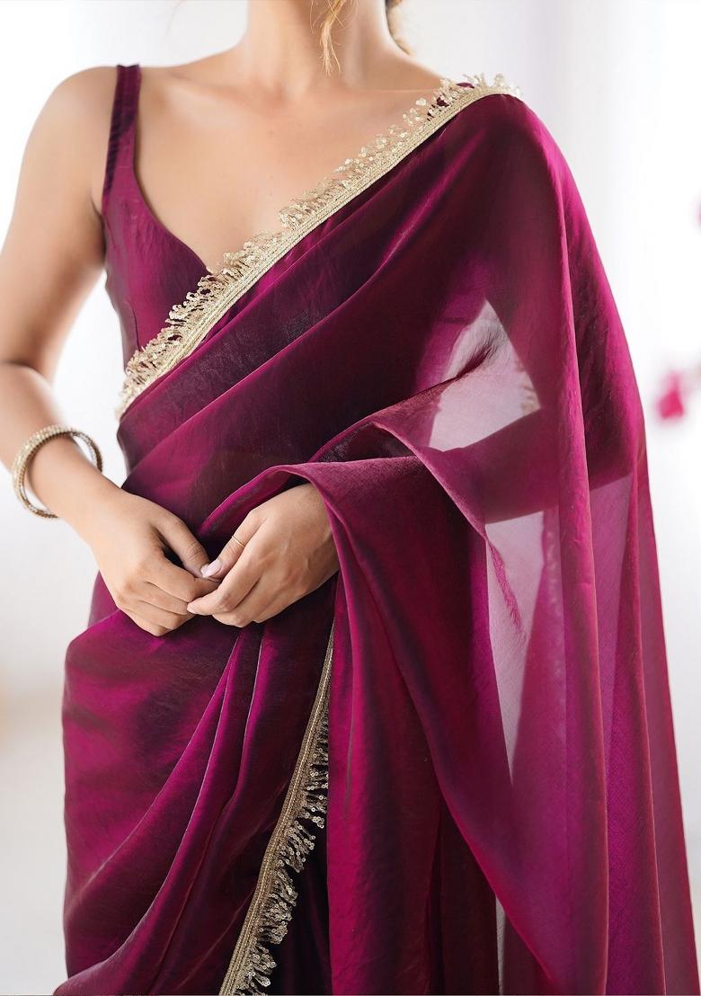 Wine Zari Work Silk Saree Set - Indya