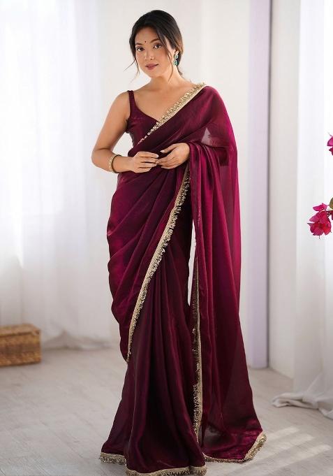 Wine Zari Work Silk Saree Set
