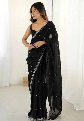 Black Zari Work Silk Saree Set