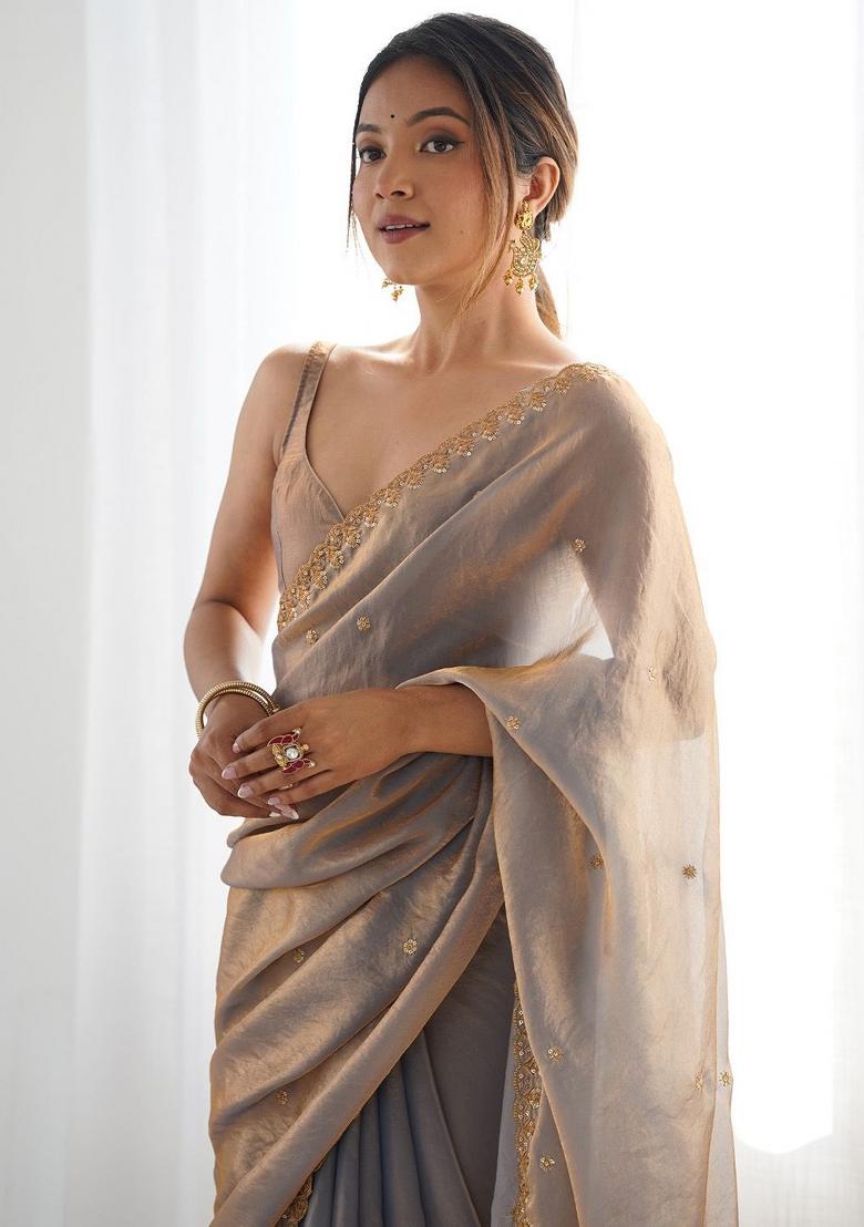 Chikoo Zari Work Silk Saree Set - Indya