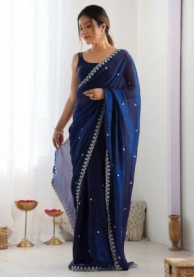 Navy Blue Zari Work Silk Saree Set
