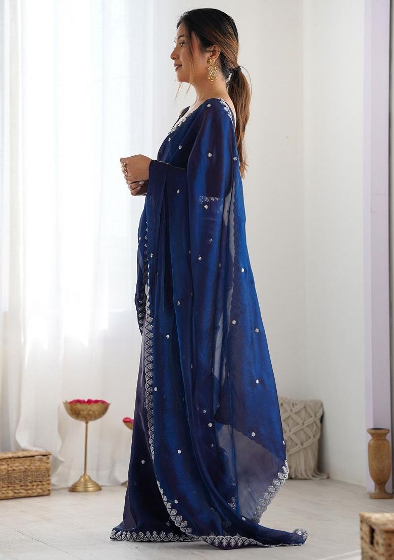 Navy Blue Zari Work Silk Saree Set - Indya