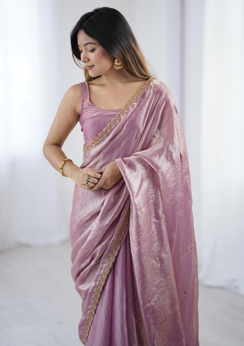 Pink Zari Work Silk Saree Set - Indya