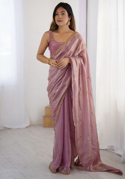 Pink Zari Work Silk Blend Saree Set