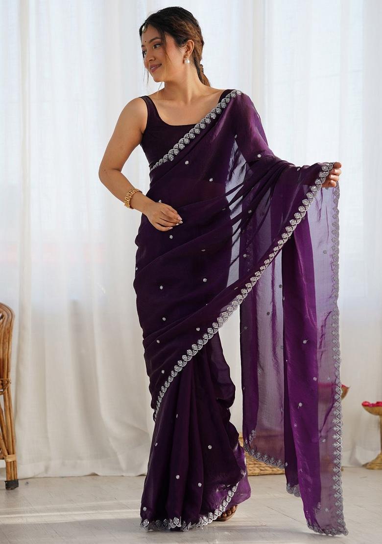 Purple Zari Work Silk Saree Set - Indya