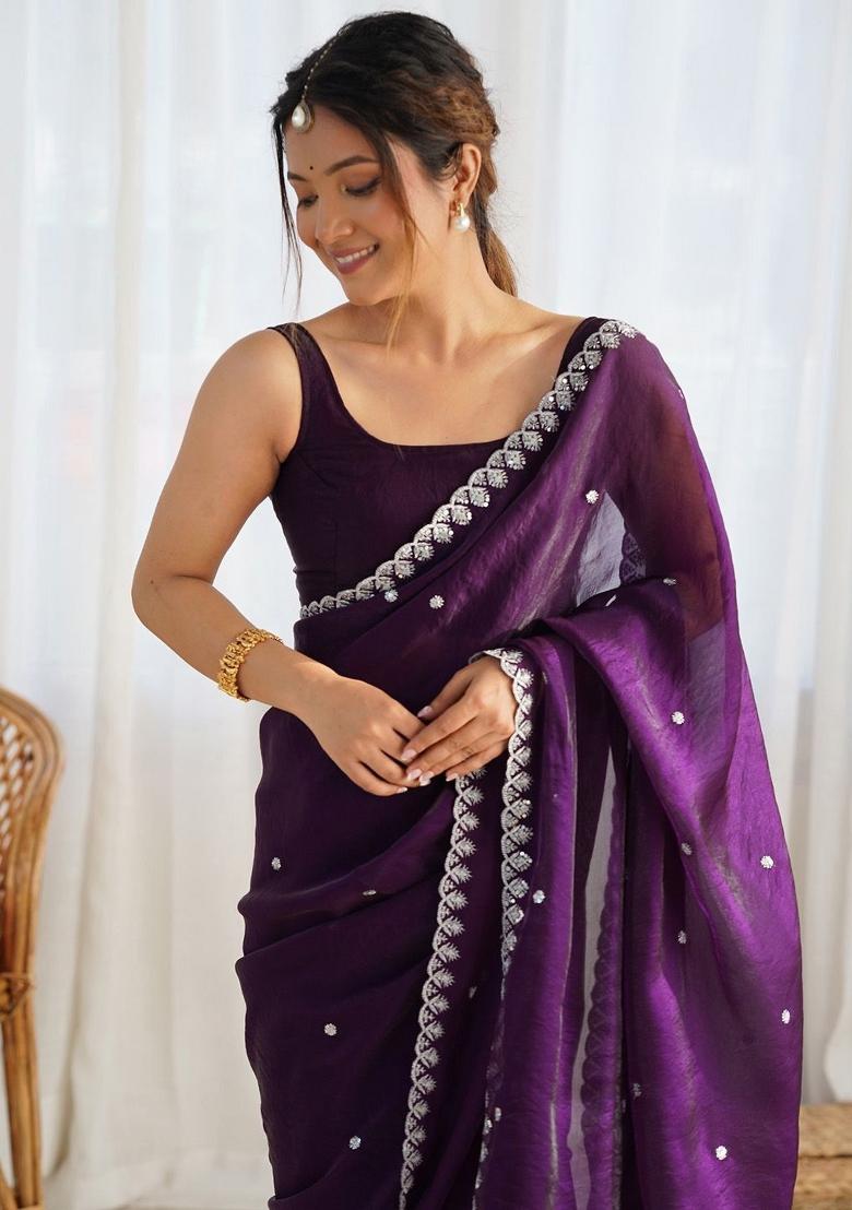 Purple Zari Work Silk Saree Set - Indya