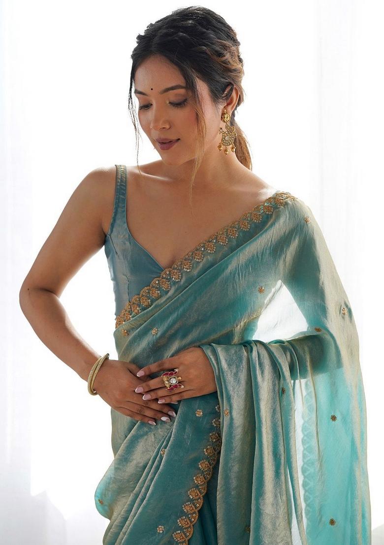 Turquoise Zari Work Silk Saree Set - Indya
