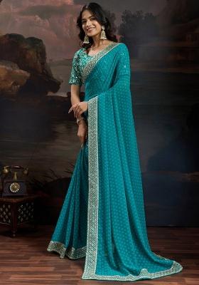 Blue Zari Work Rangoli Saree Set