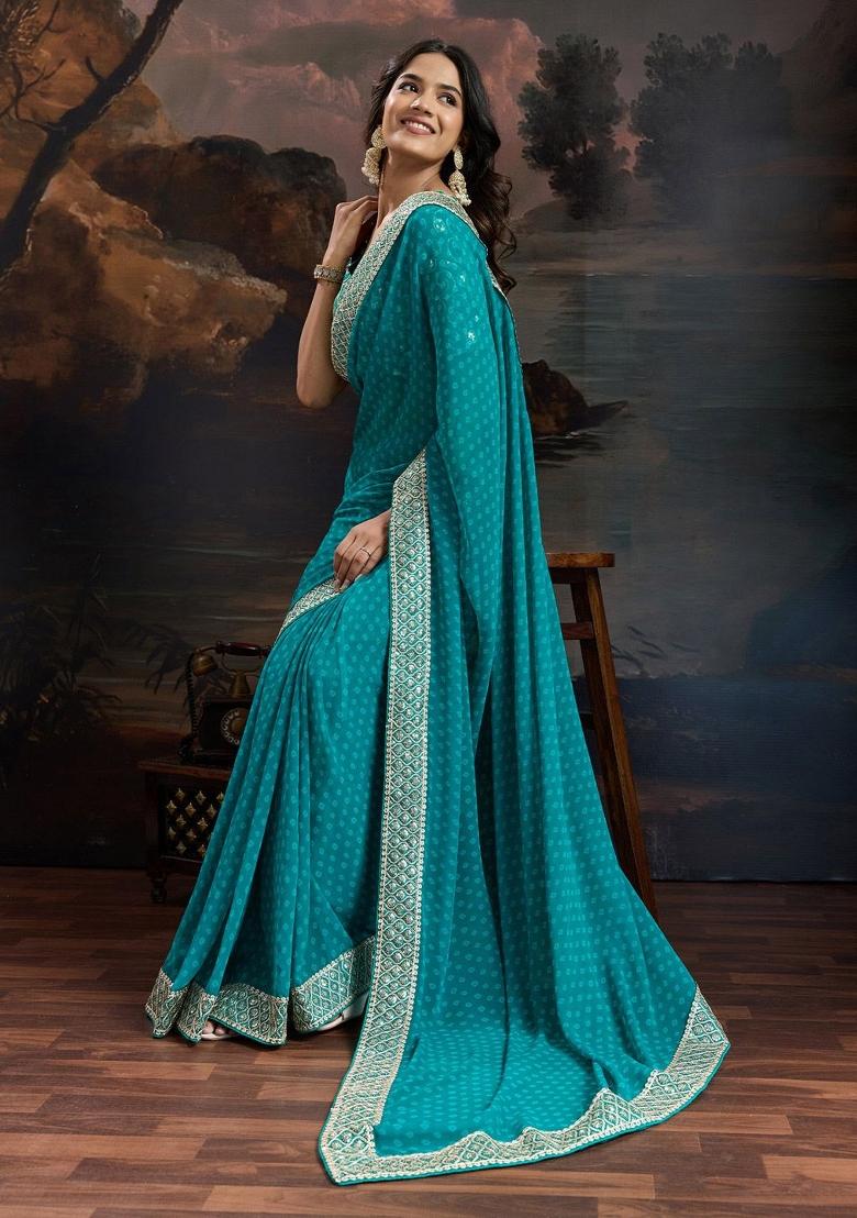 Blue Zari Work Rangoli Saree Set - Indya
