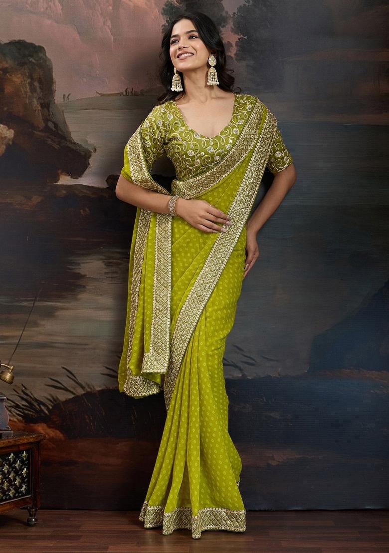 Mehendi Zari Work Rangoli Saree Set - Indya