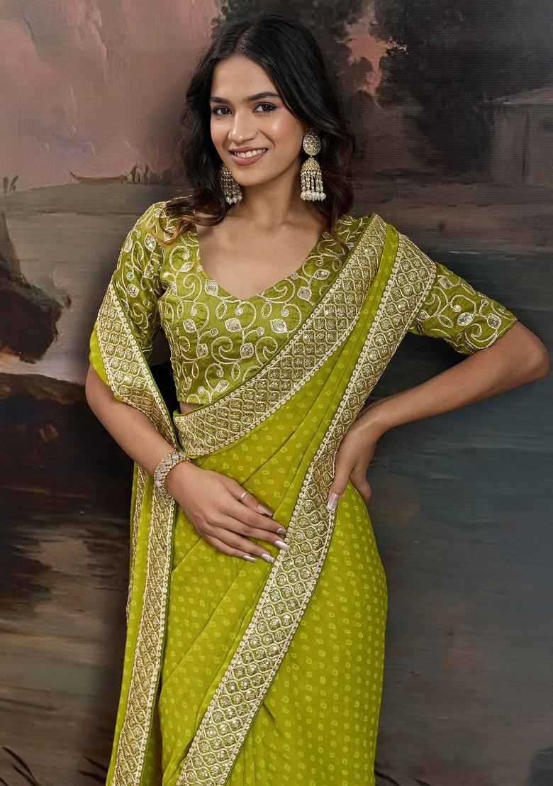 Mehendi Zari Work Rangoli Saree Set - Indya