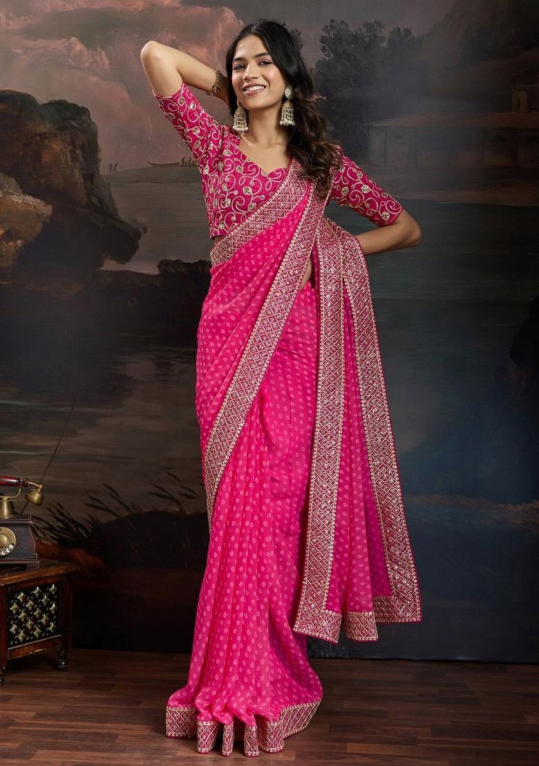 Pink Zari Work Rangoli Saree Set - Indya