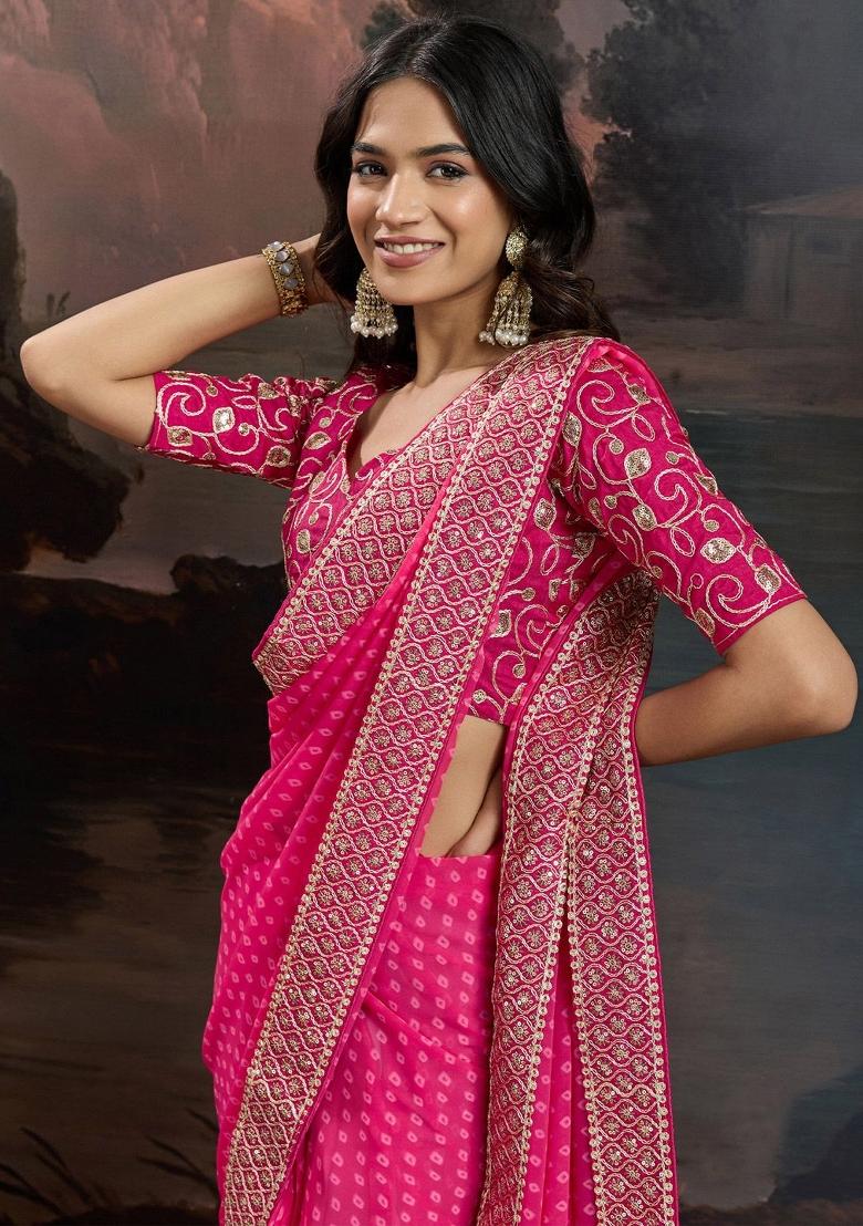 Pink Zari Work Rangoli Saree Set - Indya