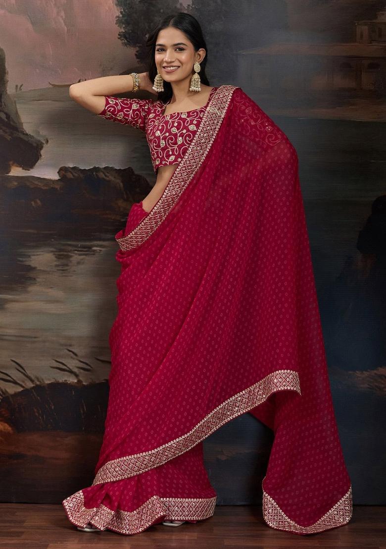 Red Zari Work Rangoli Saree Set - Indya