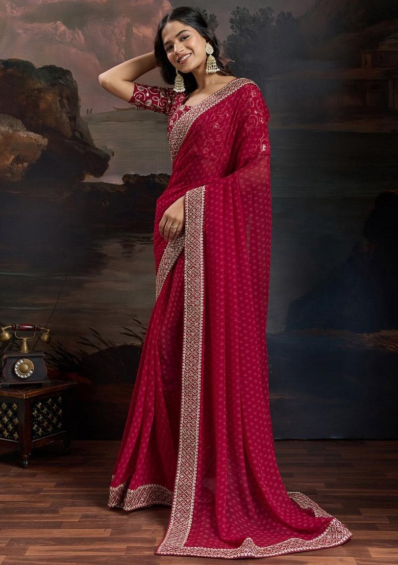 Red Zari Work Rangoli Saree Set - Indya