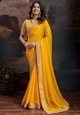 Yellow Zari Work Rangoli Saree Set
