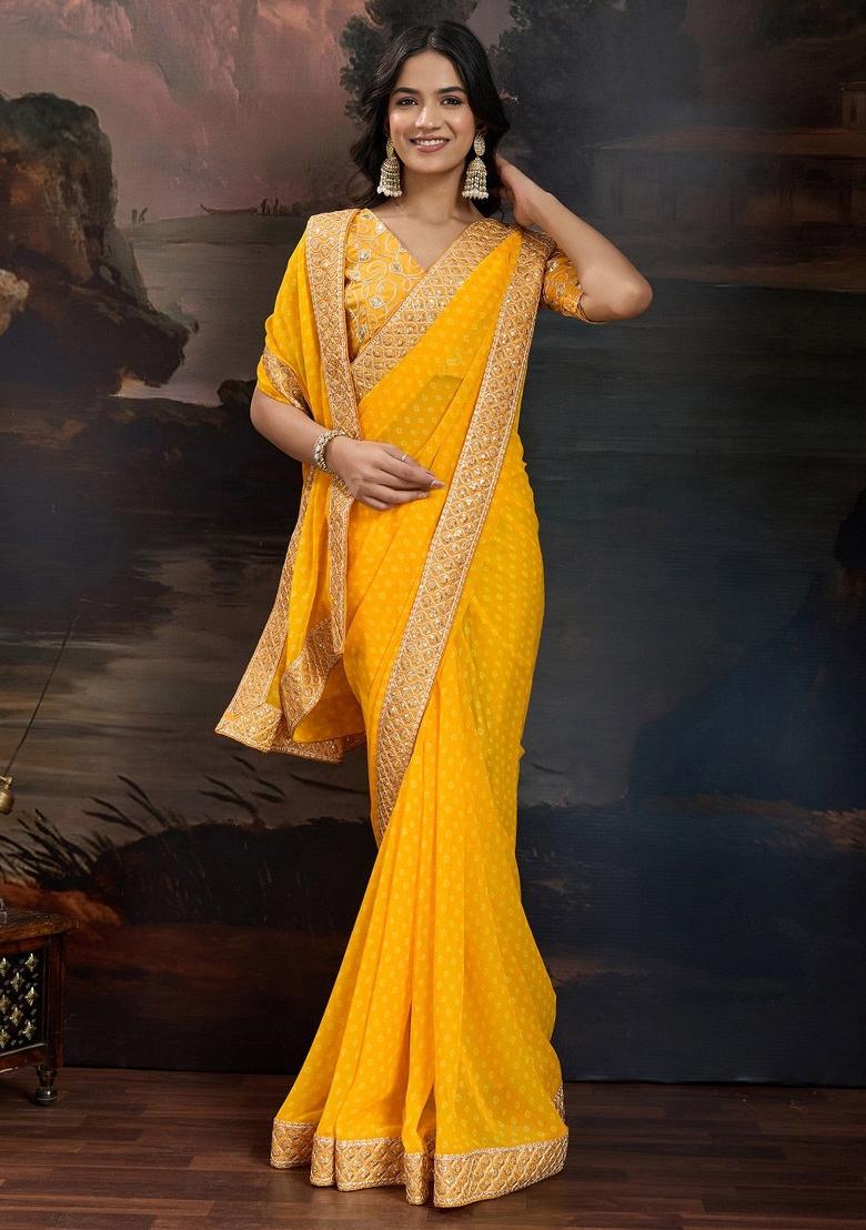 Yellow Zari Work Rangoli Saree Set - Indya