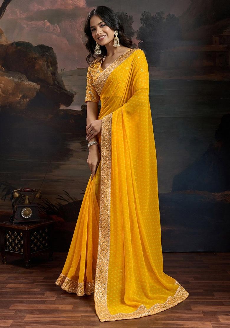 Yellow Zari Work Rangoli Saree Set - Indya