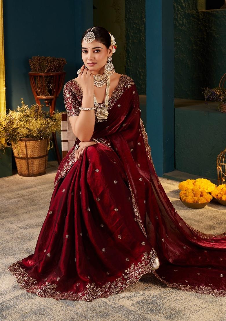 Red Zari Work Satin Saree Set - Indya