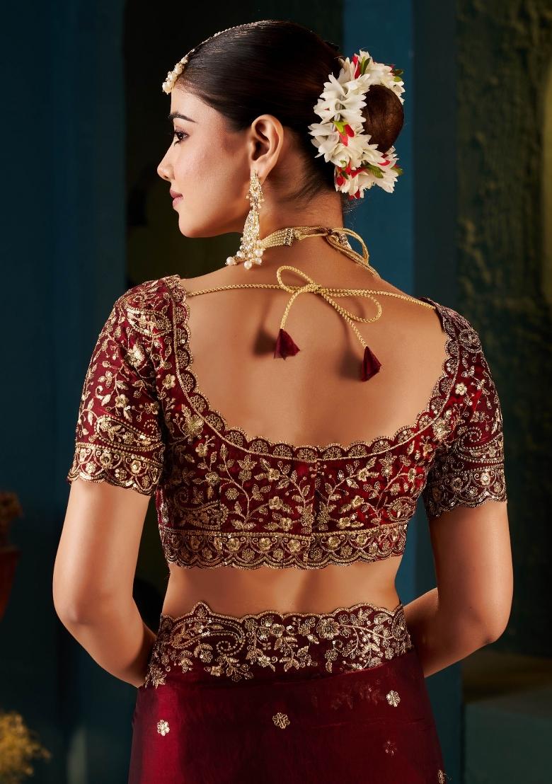 Red Zari Work Satin Saree Set - Indya