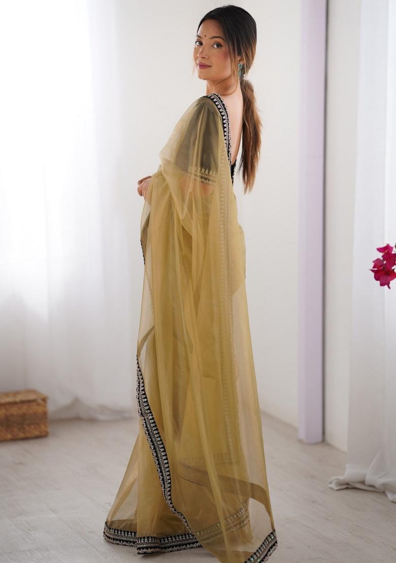 Chikoo Zari Work Net Saree Set - Indya