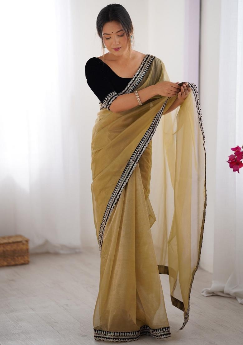 Chikoo Zari Work Net Saree Set - Indya