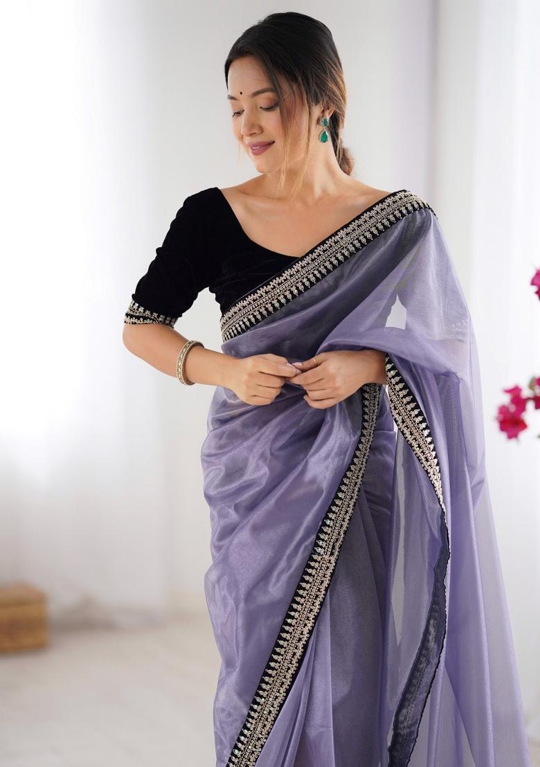 Grey Zari Work Net Saree Set - Indya