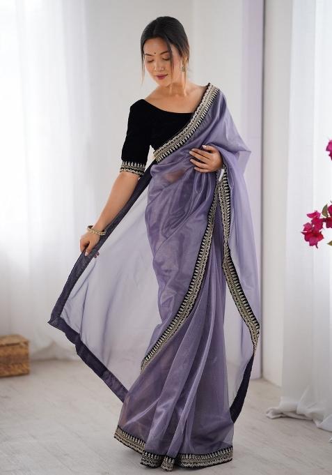 Grey Zari Work Net Saree Set
