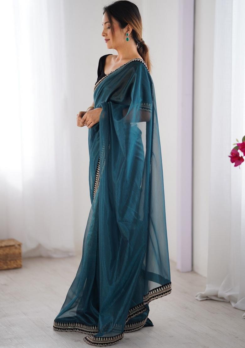 Teal Zari Work Net Saree Set - Indya