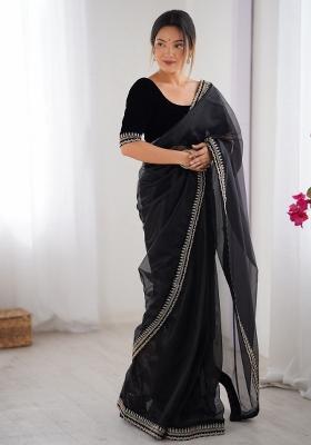 Black Zari Work Net Saree Set