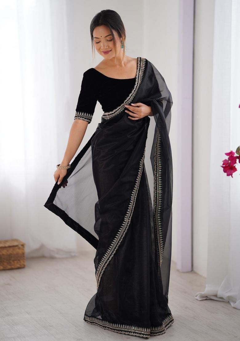 Black Zari Work Net Saree Set - Indya