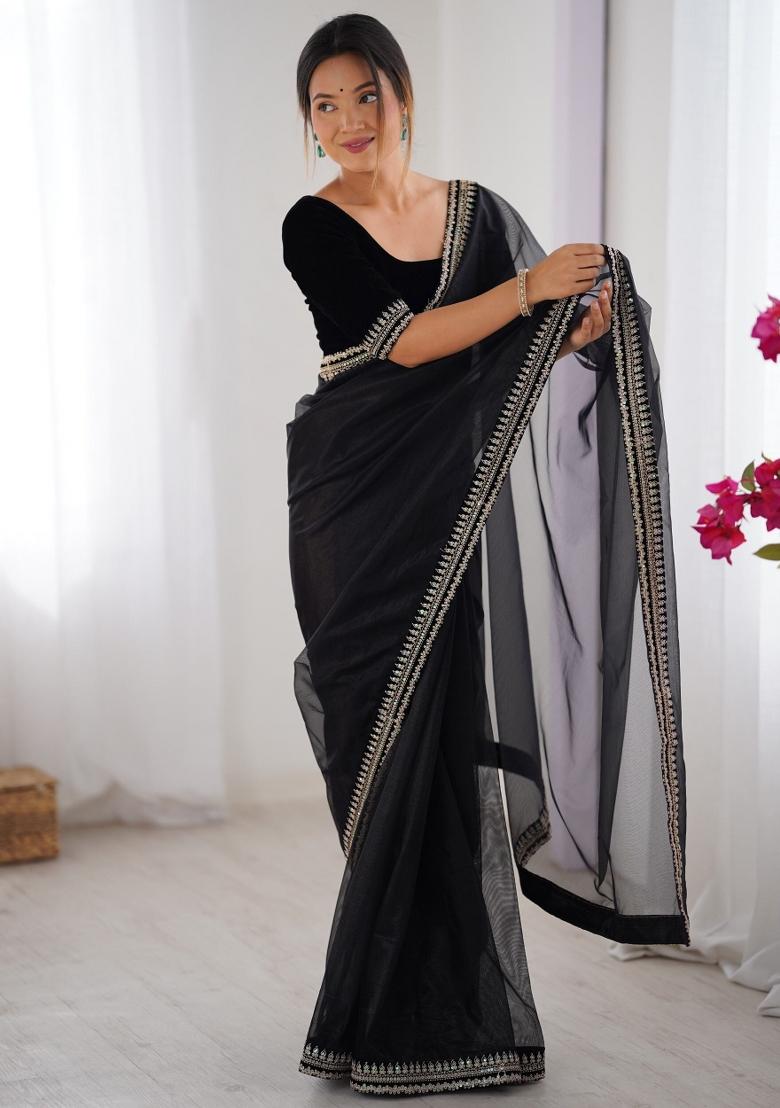 Black Zari Work Net Saree Set - Indya
