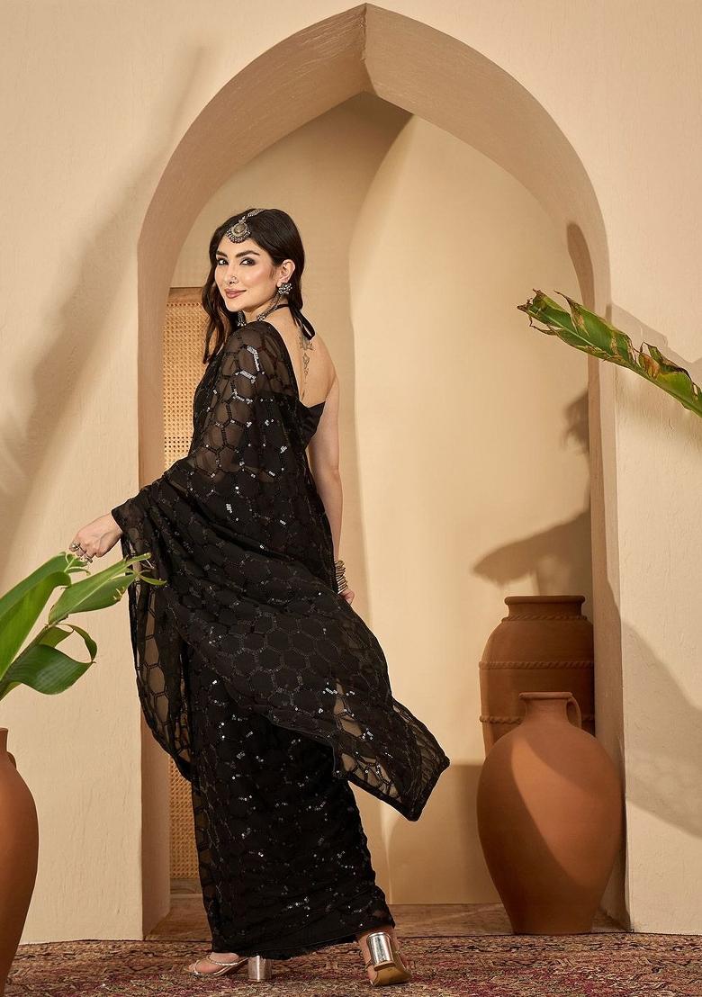 Black Zari Work Georgette Saree Set - Indya