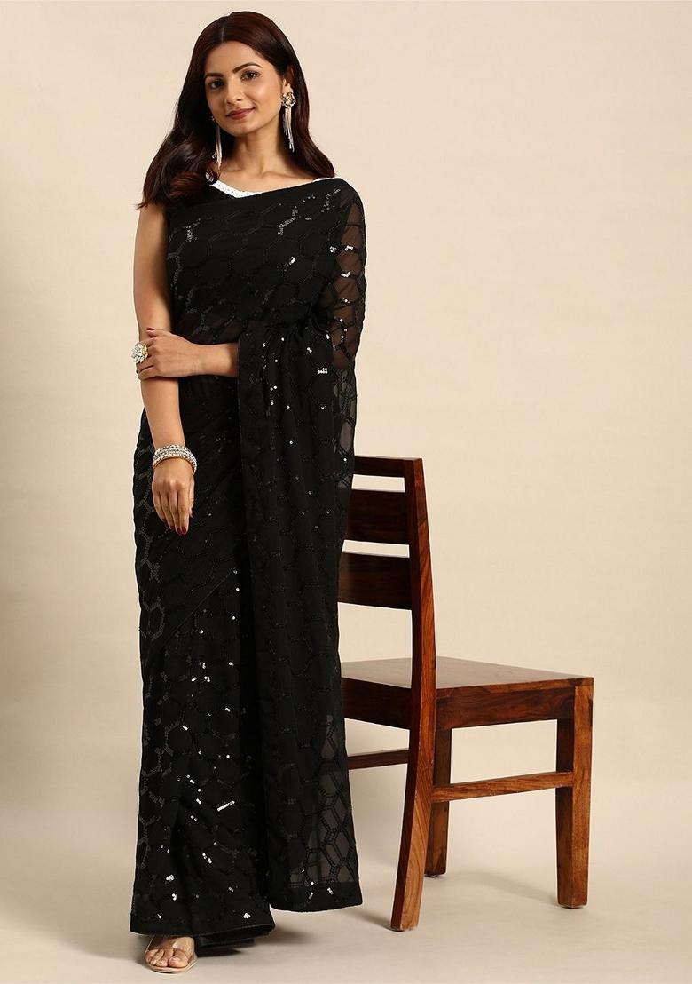 Black Zari Work Georgette Saree Set - Indya