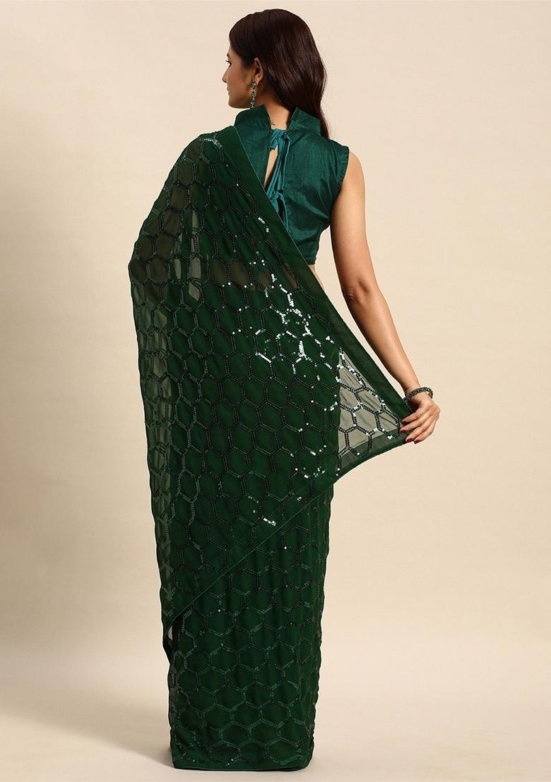 Green Zari Work Georgette Saree Set - Indya