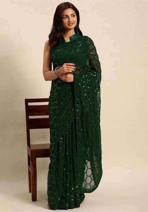 Green Zari Work Georgette Saree Set