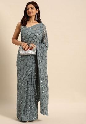 Grey Zari Work Georgette Saree Set