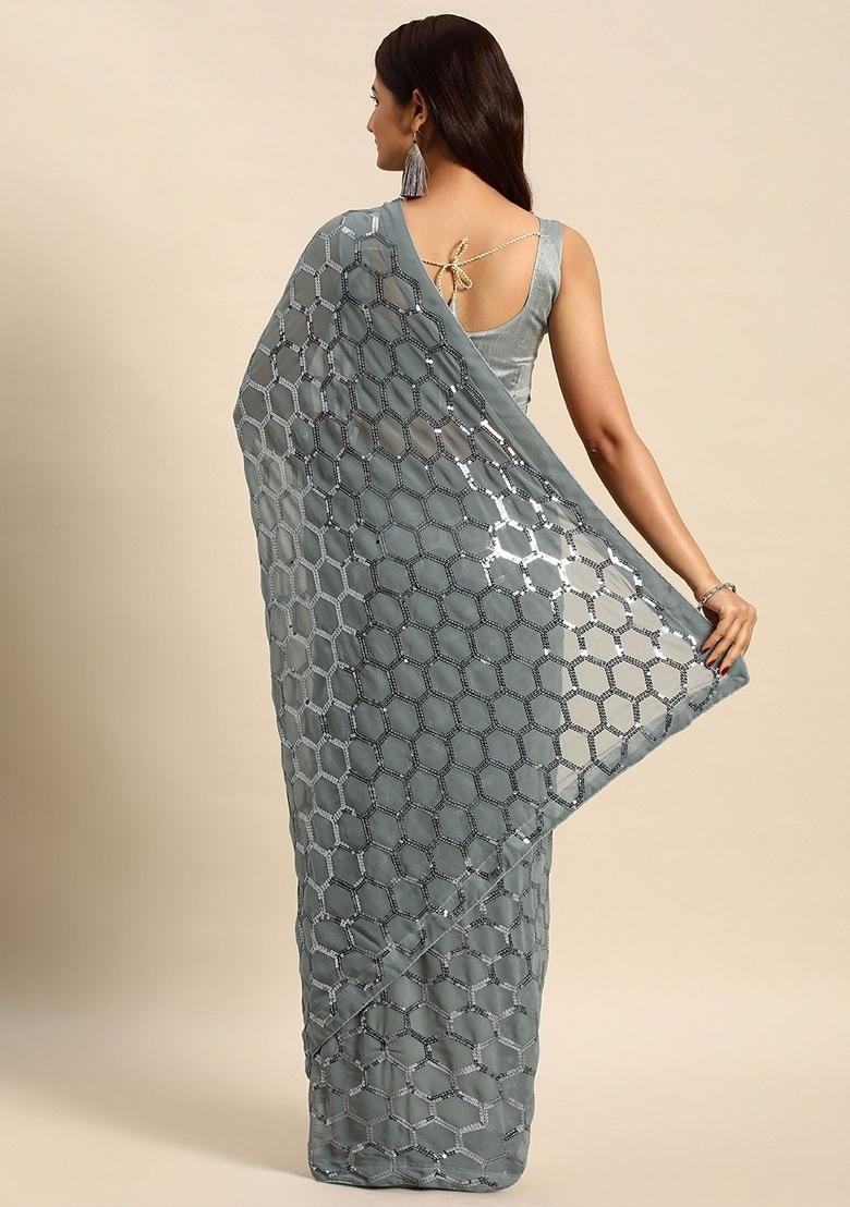 Grey Zari Work Georgette Saree Set - Indya