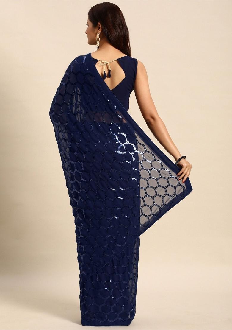 Navy Blue Zari Work Georgette Saree Set - Indya