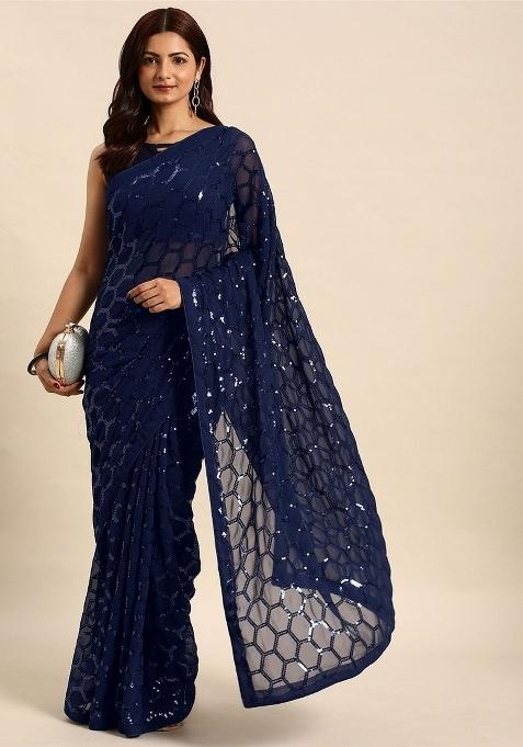 Navy Blue Zari Work Georgette Saree Set