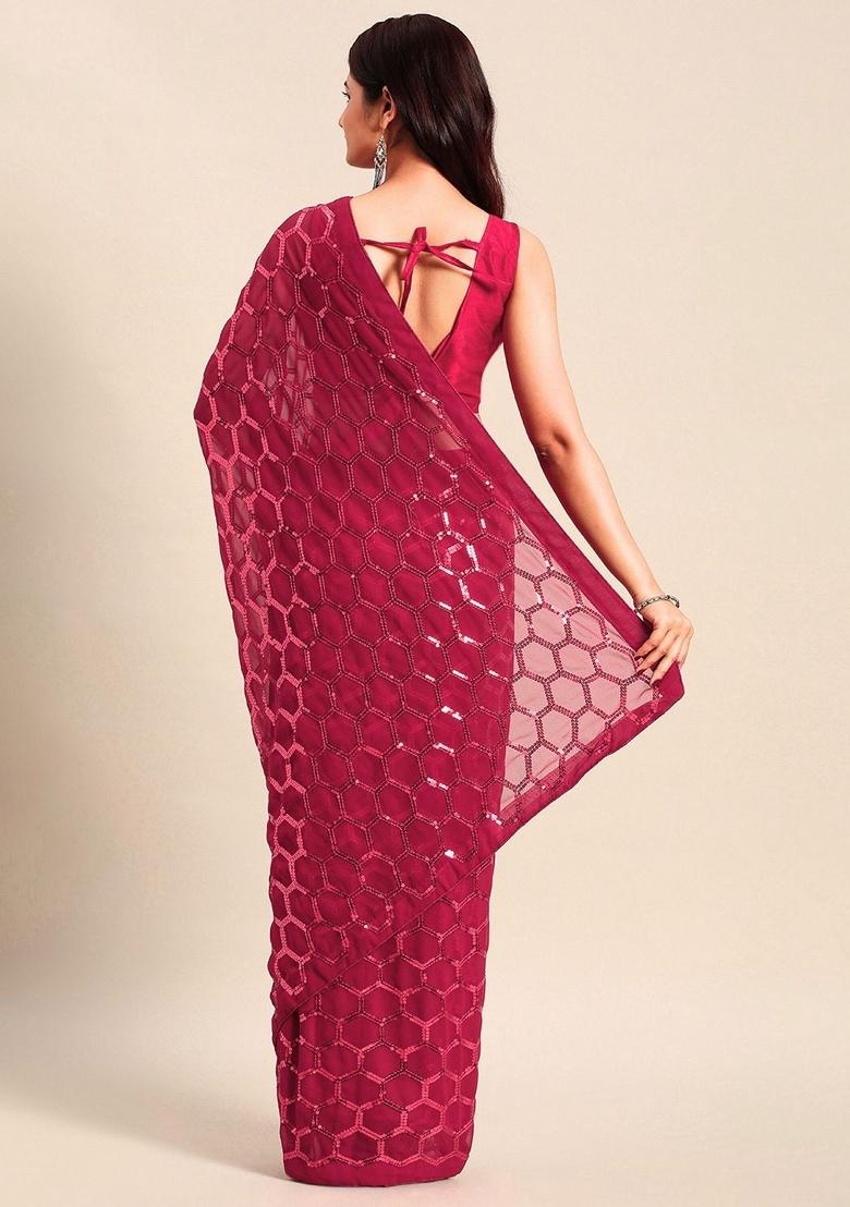 Pink Zari Work Georgette Saree Set - Indya