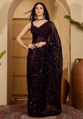 Wine Zari Work Georgette Saree Set