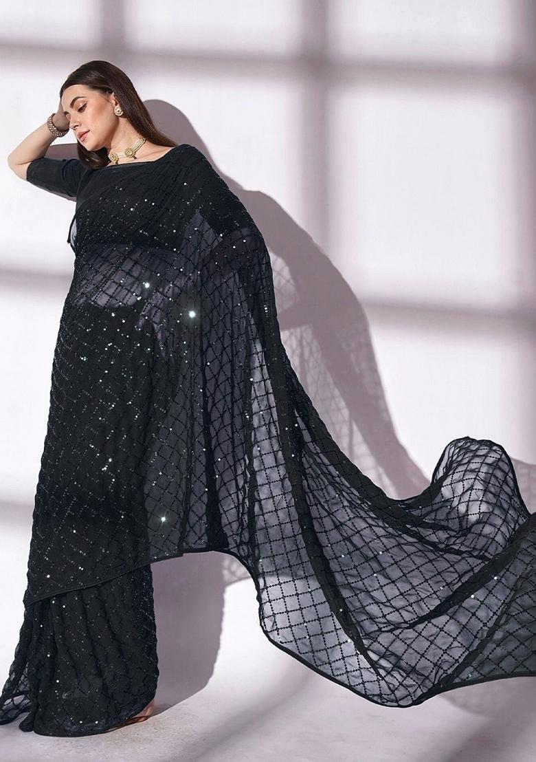Black Zari Work Georgette Saree Set - Indya
