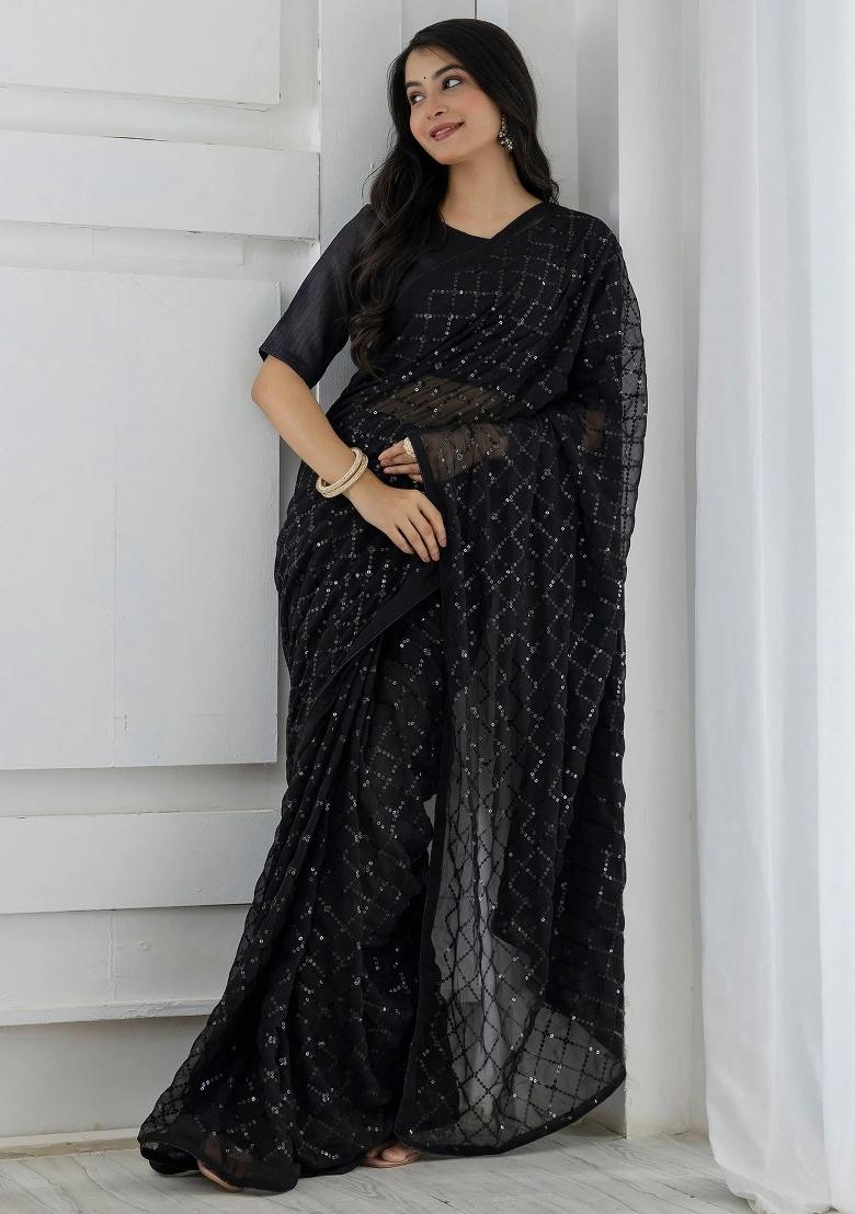 Black Zari Work Georgette Saree Set - Indya